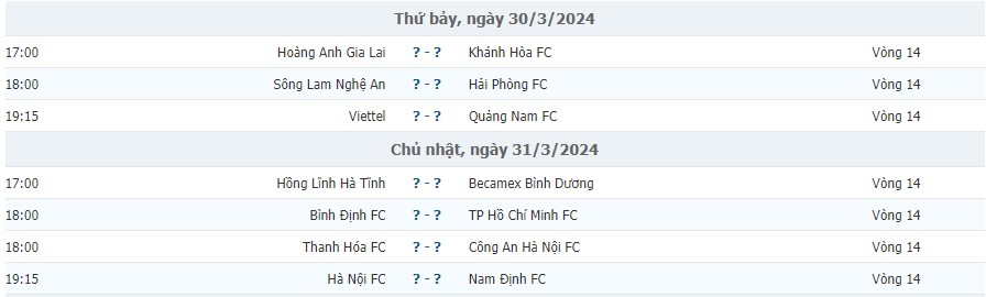 Lịch thi đấu vòng 14 V-League hôm nay: Hà Nội FC vs Nam Định FC