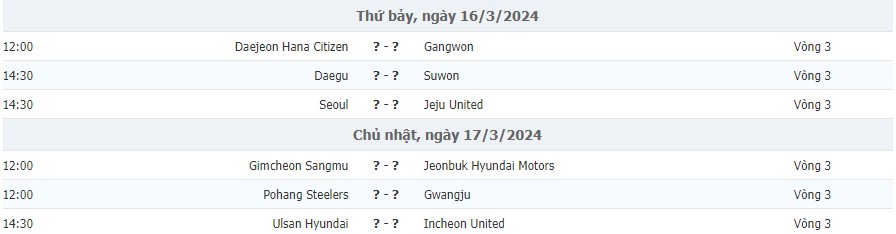 Lịch thi đấu bóng đá Hàn Quốc K-League vòng 3 mới nhất